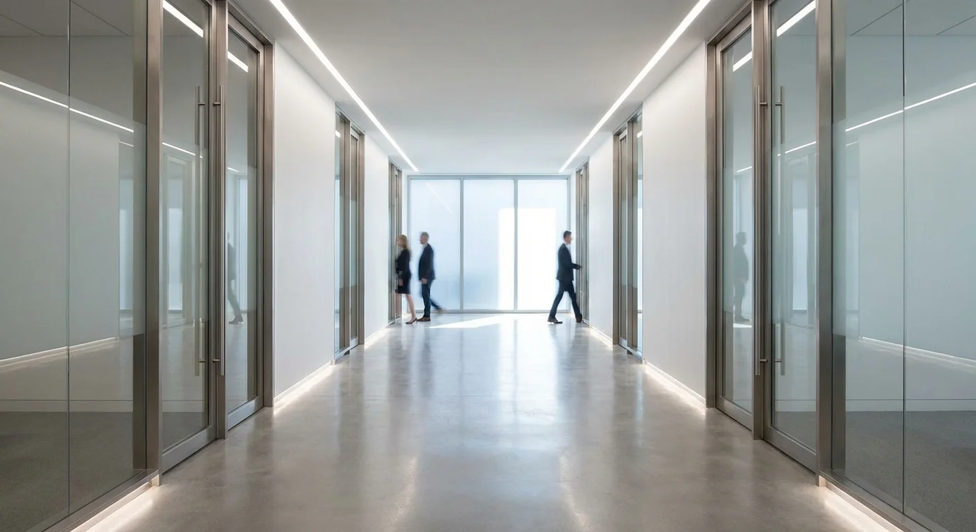 A modern, minimalist office hallway leading toward bright light.