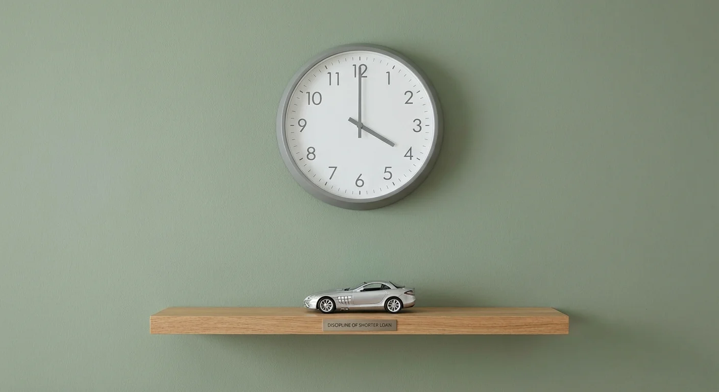 A modern wall clock and a toy car on a shelf, representing a four-year loan term.