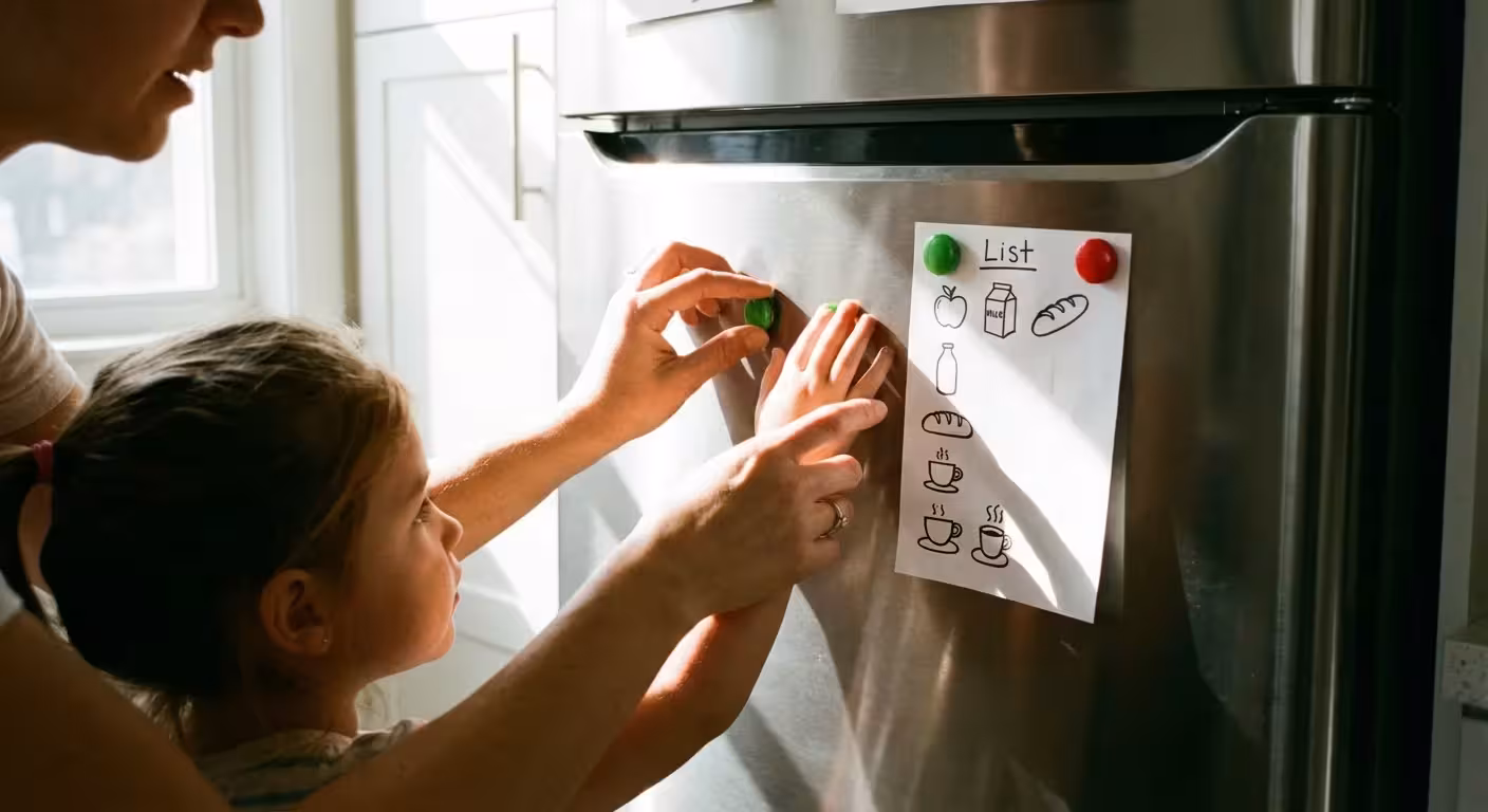 A mother and daughter organizing spending categories with colorful magnets on a fridge.