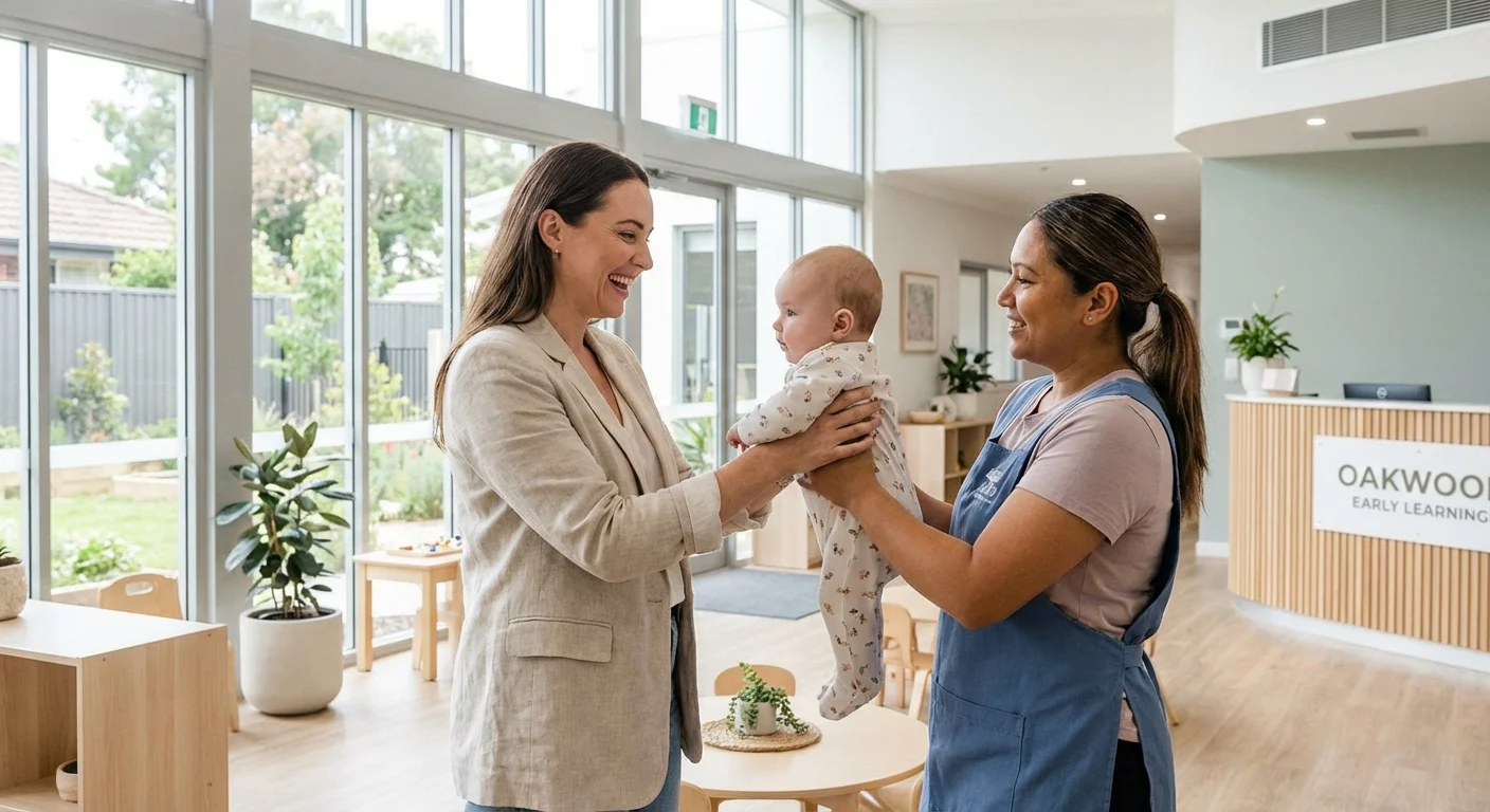A mother dropping her baby off at a bright, modern childcare center.