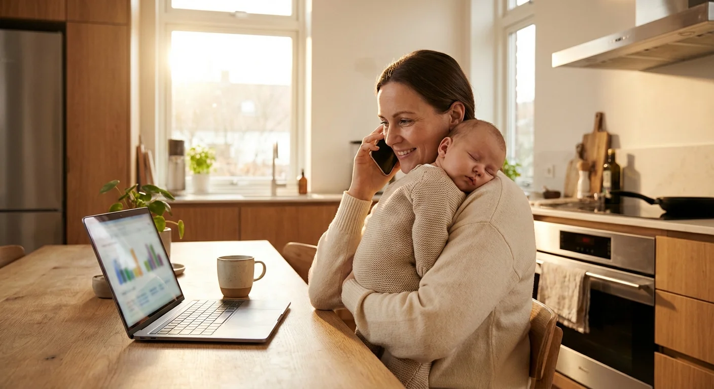 A mother managing health insurance updates on her phone while holding her baby.