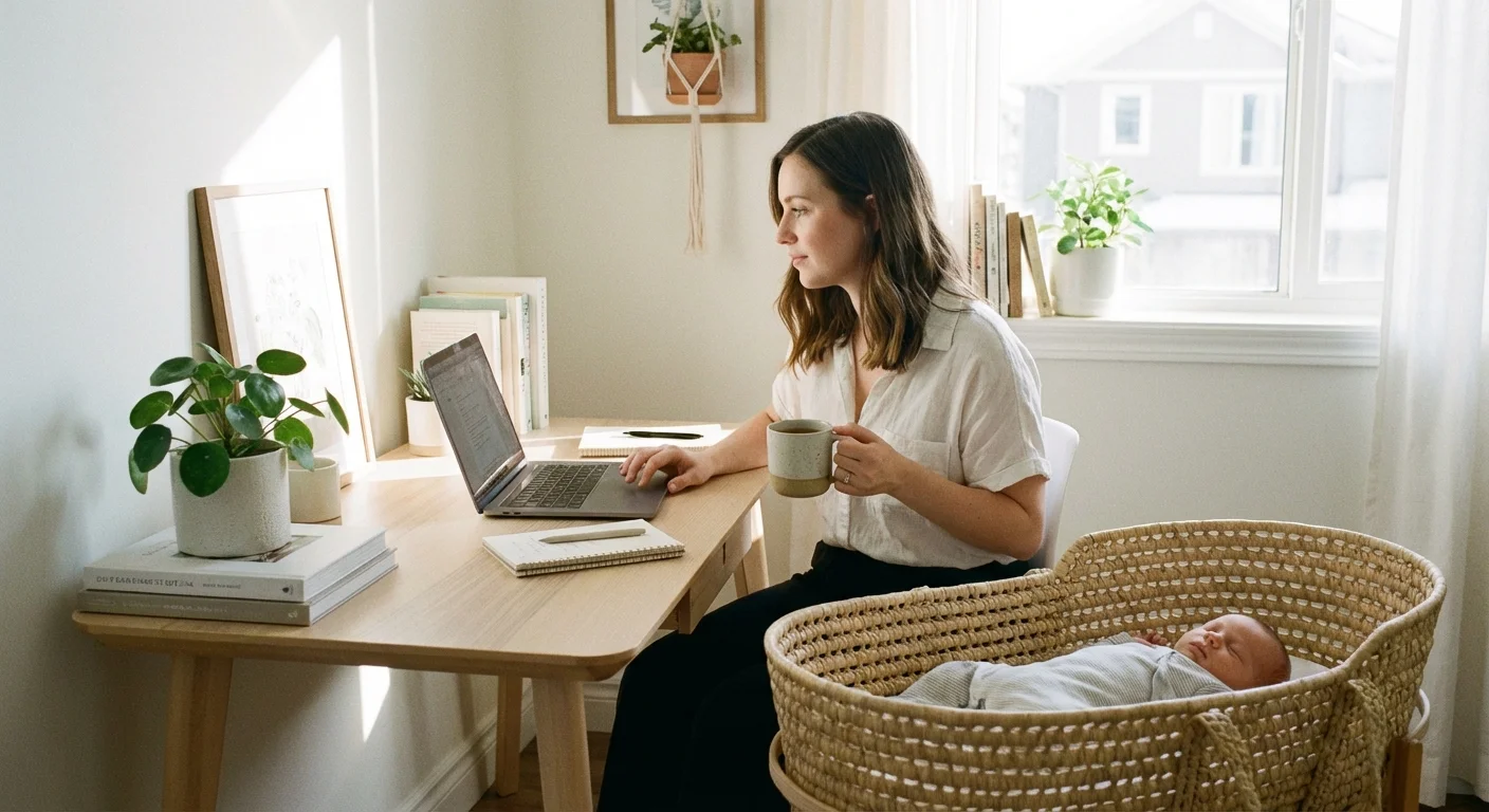 A mother quietly working in her home office near her sleeping baby, representing the first steps of estate planning.