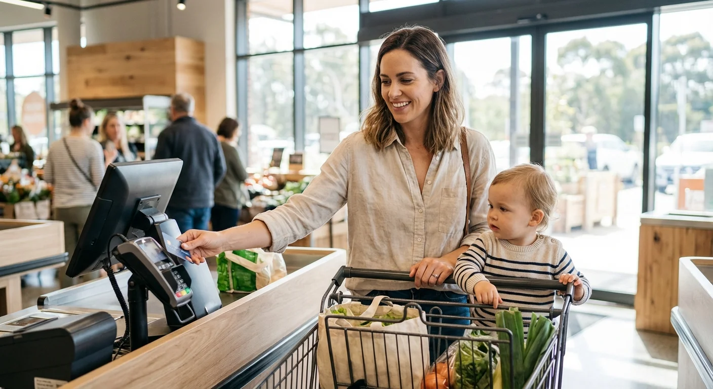 A mother using a credit card at a grocery store checkout with her child, illustrating everyday cash back rewards.