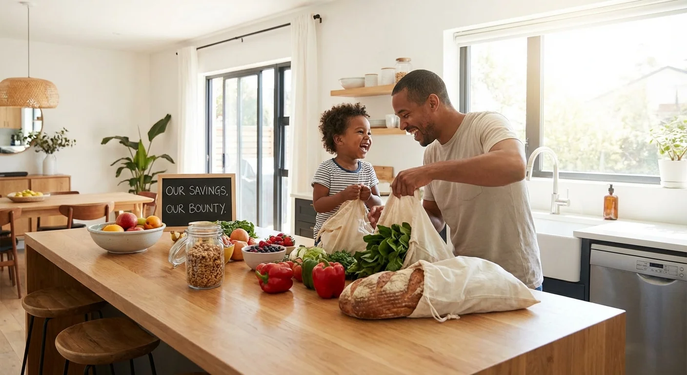 A parent and child happily unpacking groceries in a well-lit kitchen.