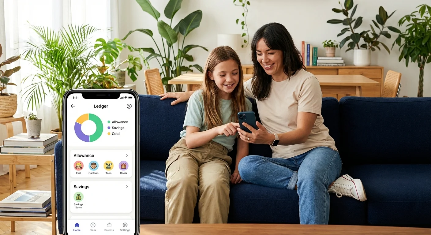 A parent and child looking at a financial app on a smartphone together in a modern living room.