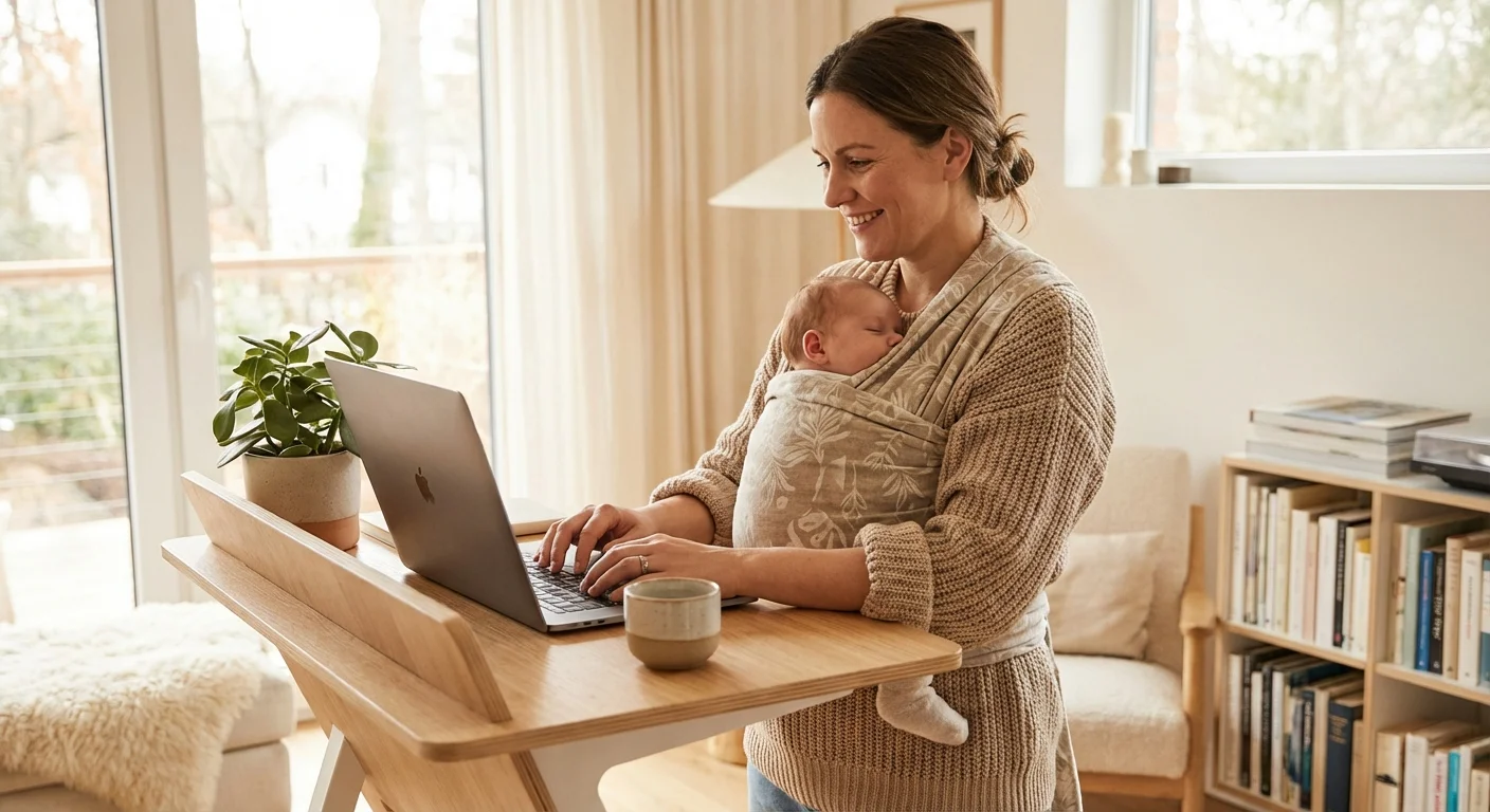 A parent working at a laptop while wearing their baby in a carrier.