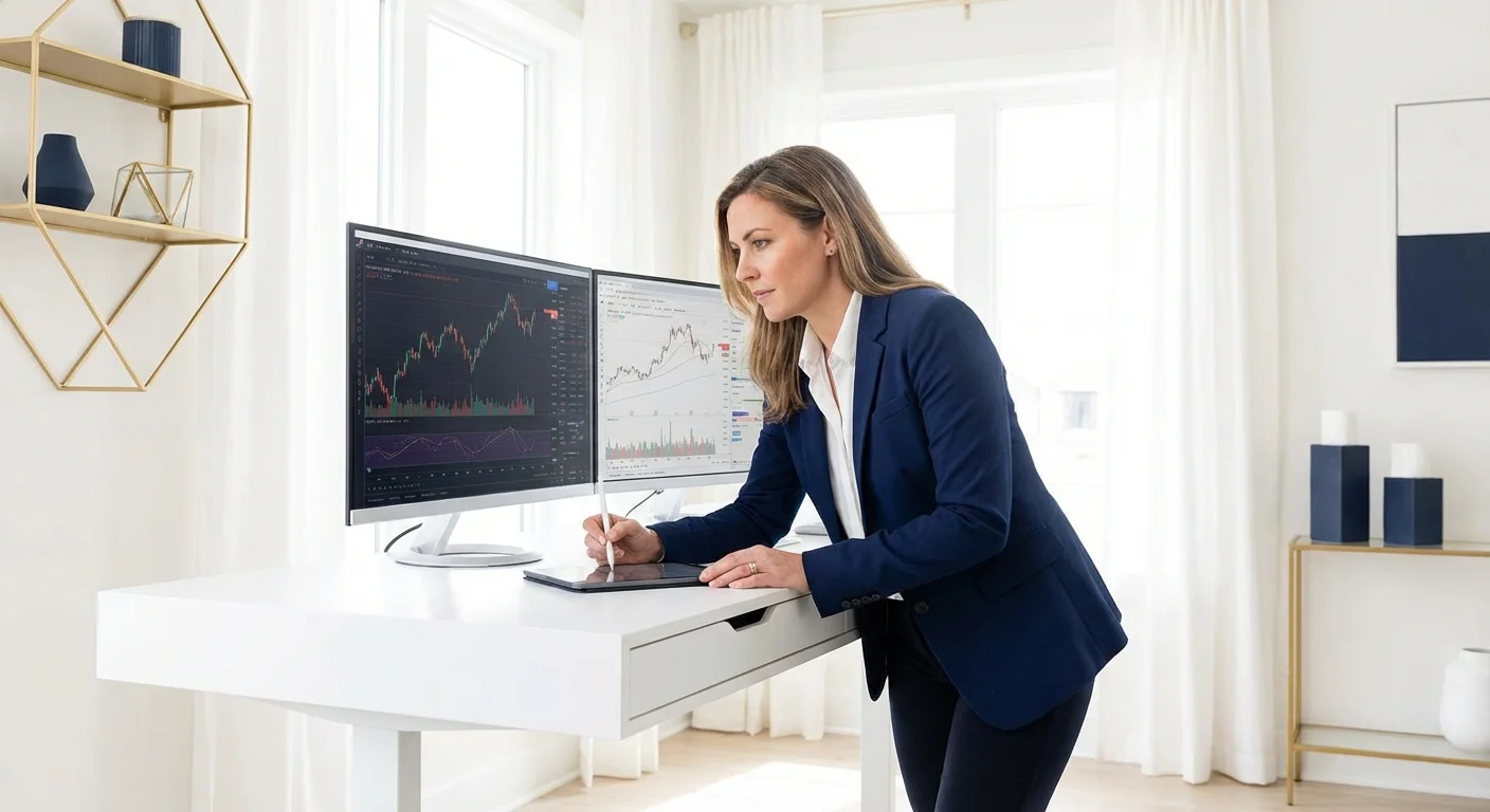 A person analyzing market salary data on two computer monitors in a home office.