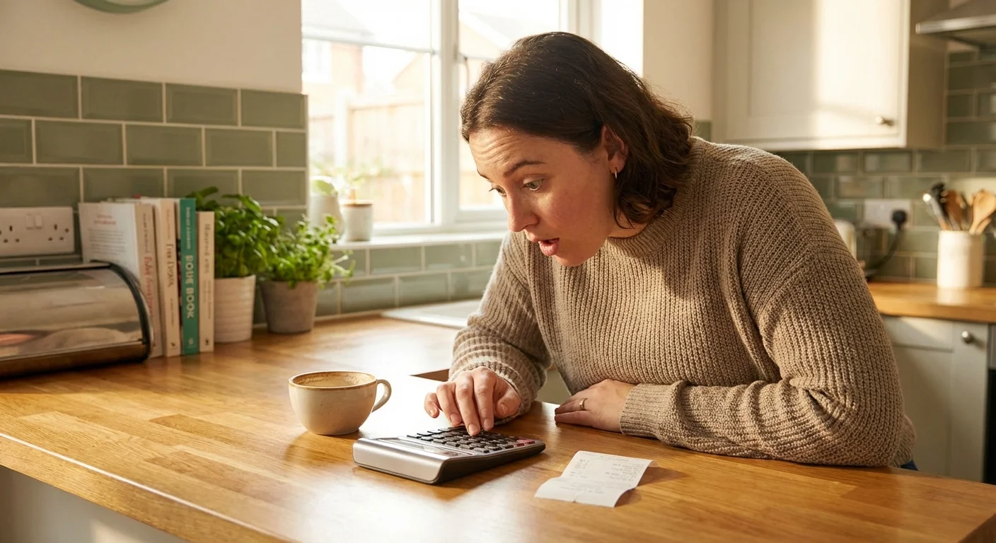 A person at a kitchen counter using a calculator while looking at a small bill.
