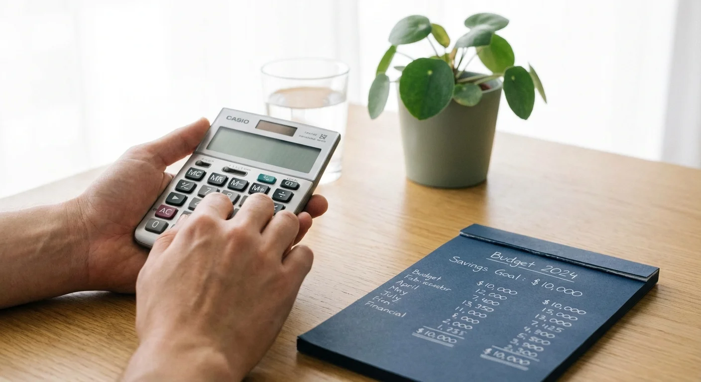 A person calculating financial figures on a clean desk with a navy notebook.
