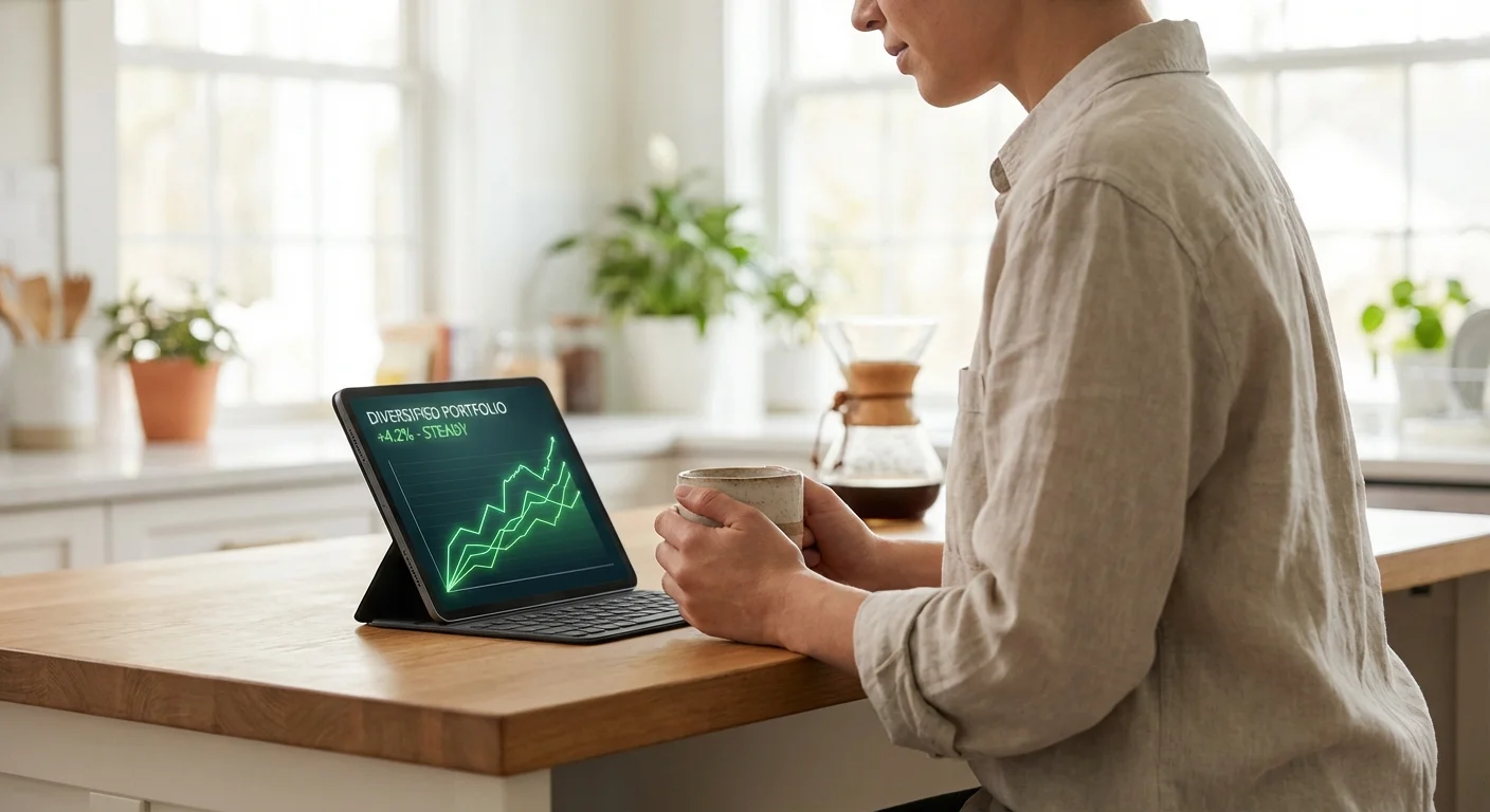 A person calmly checking a tablet in a sunlit kitchen, looking relaxed and empowered.