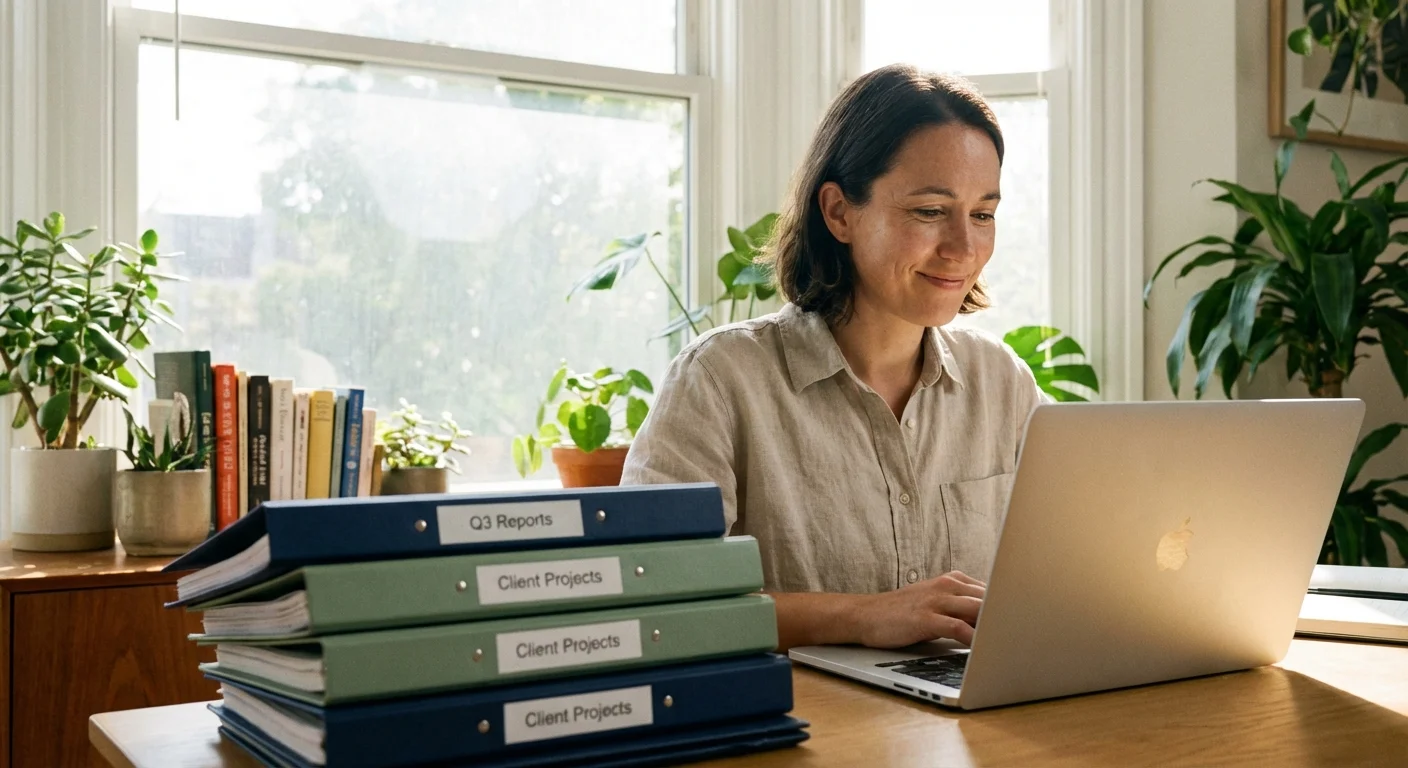 A person calmly managing their taxes and forms on a laptop in a bright home office.