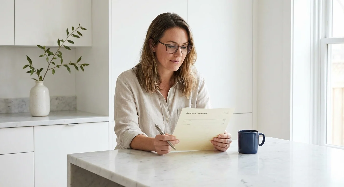 A person calmly reviewing a financial statement at a clean, modern kitchen counter.