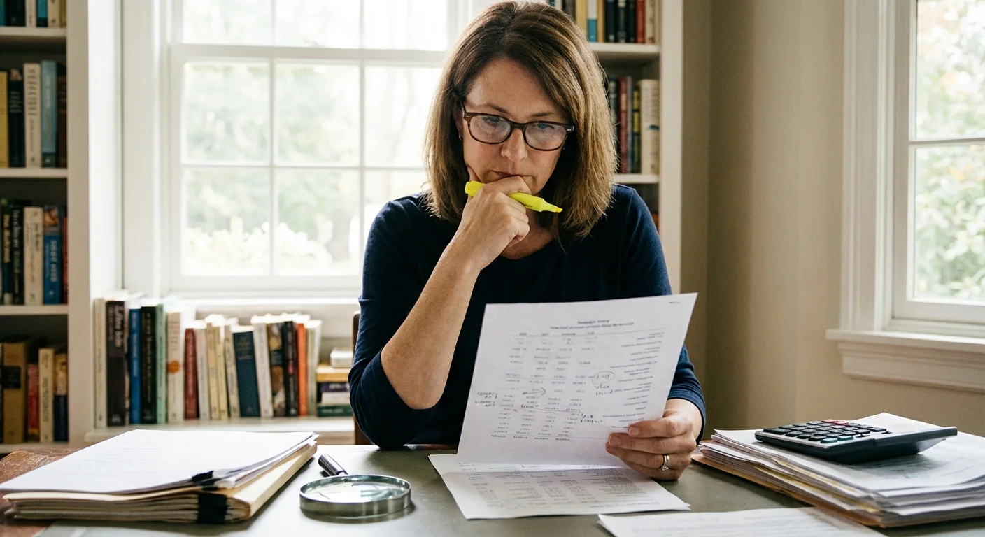 A person carefully double-checking financial documents with a highlighter in a home office.