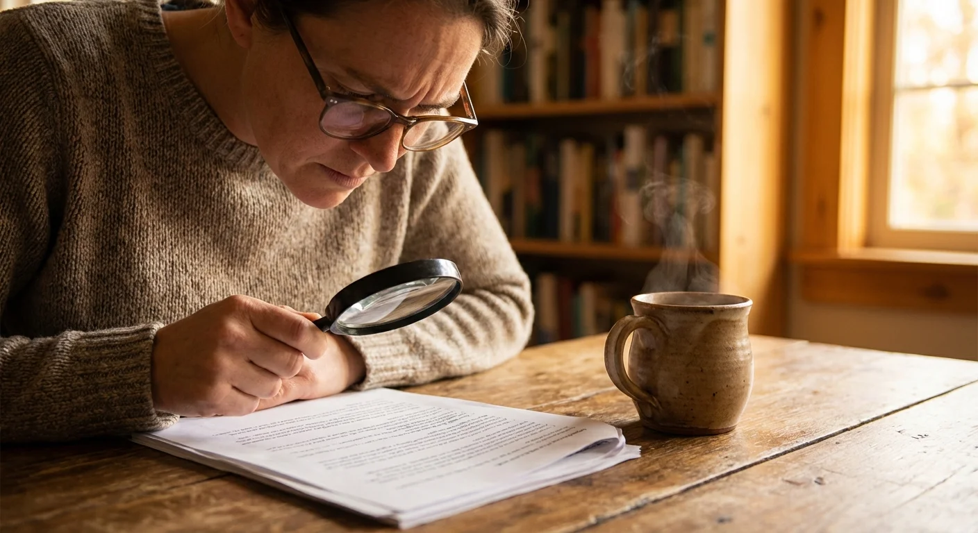A person carefully reading a document at a wooden table with a cup of coffee.