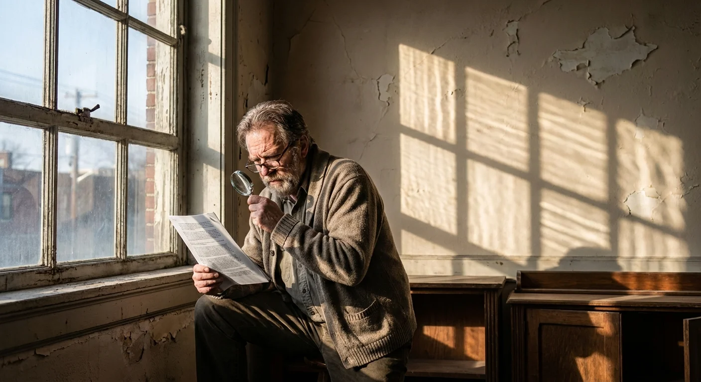 A person carefully reviewing an insurance document near a window.