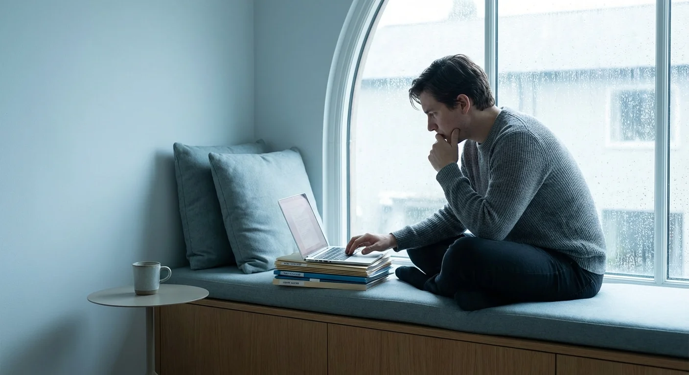 A person carefully reviewing documents on a laptop by a window.
