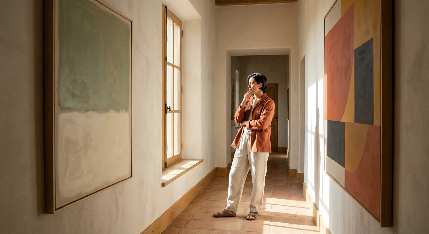 A person choosing between two pieces of art, symbolizing the choice between budget styles.