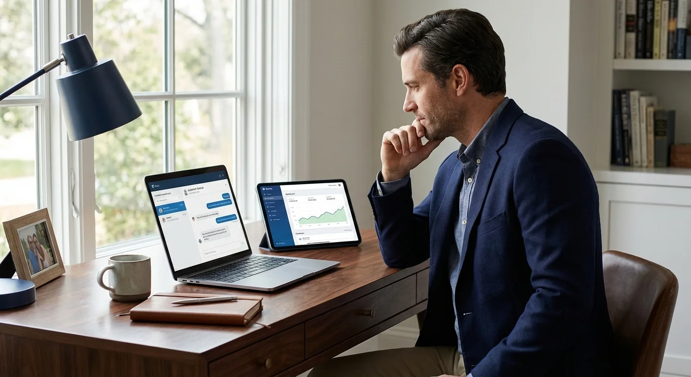A person comparing a customer service chat on a laptop with a banking app on a tablet.