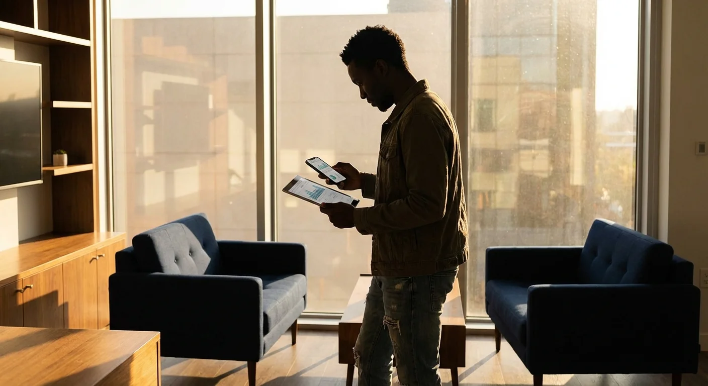 A person comparing information on two different digital devices near a window.
