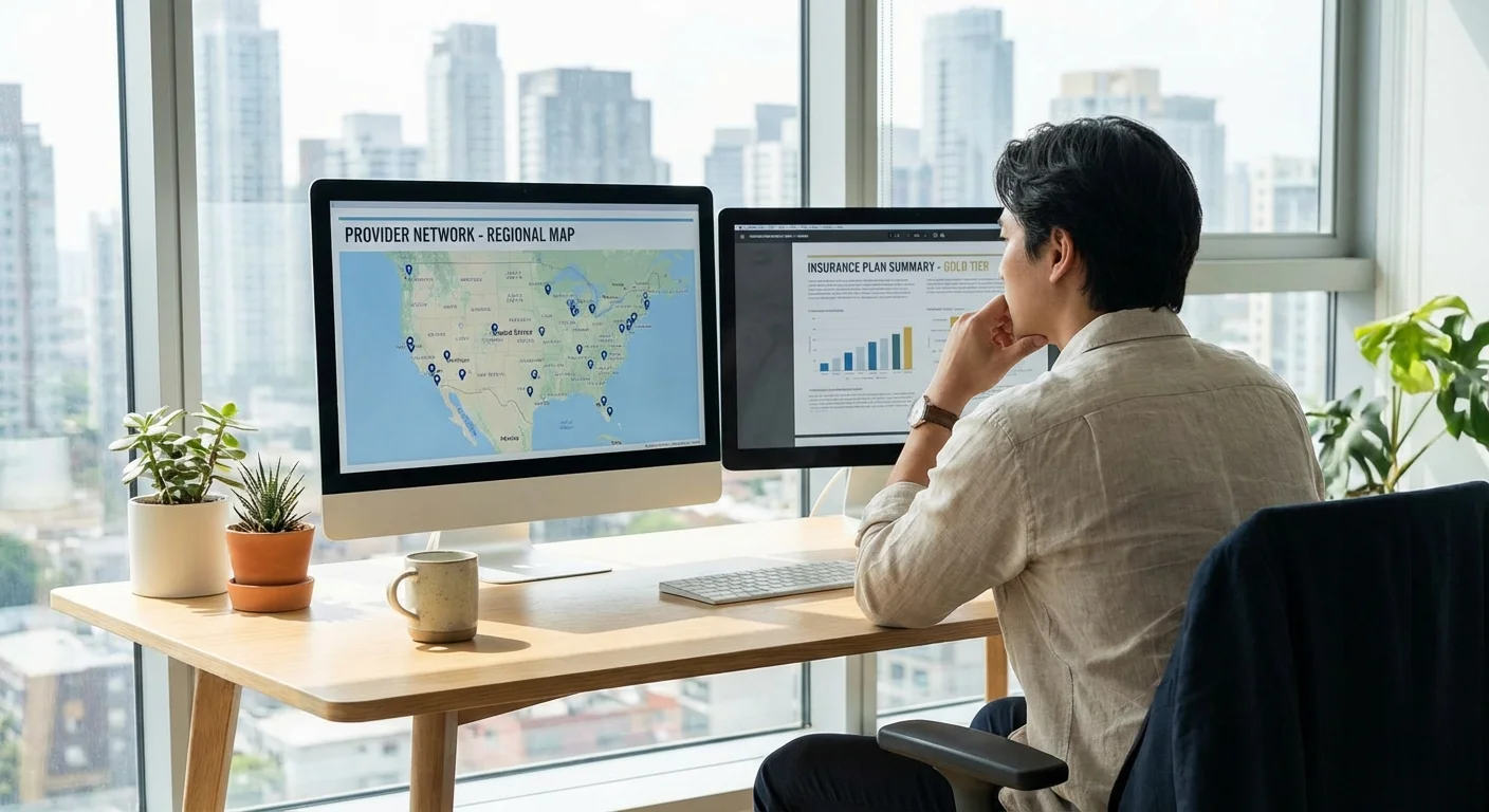 A person comparing insurance provider networks on dual monitors in a bright home office.