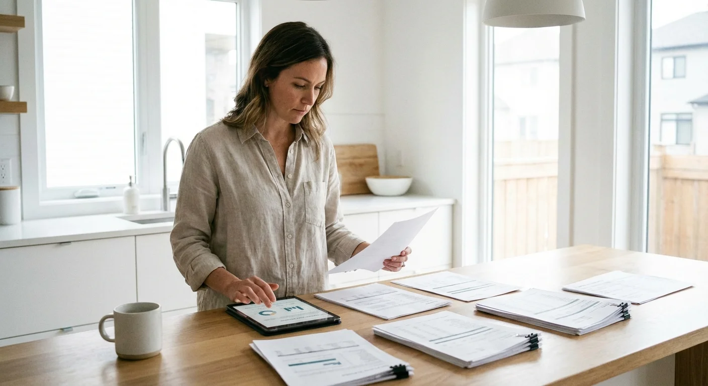 A person comparing paperwork to a digital tablet in a bright, modern kitchen.
