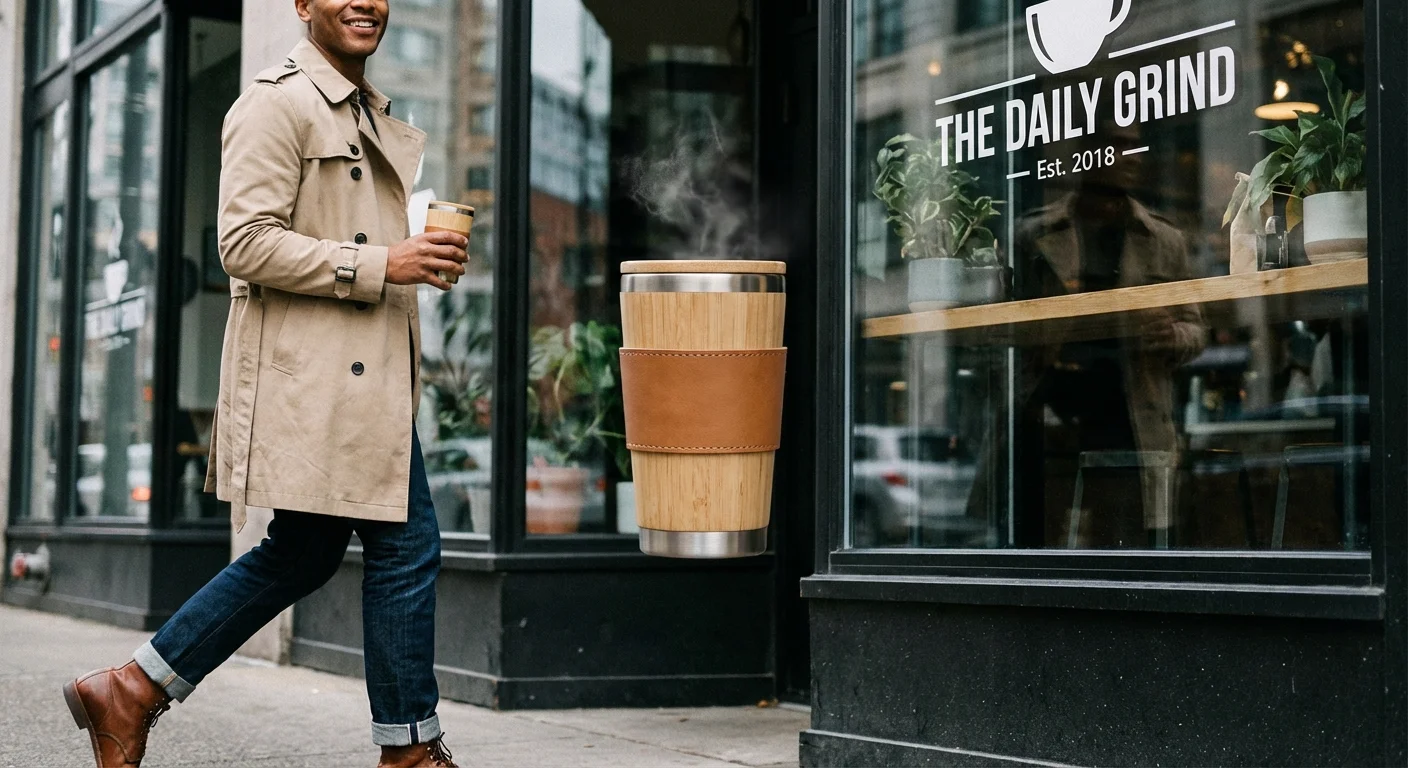 A person confidently carrying a reusable mug past a coffee shop.
