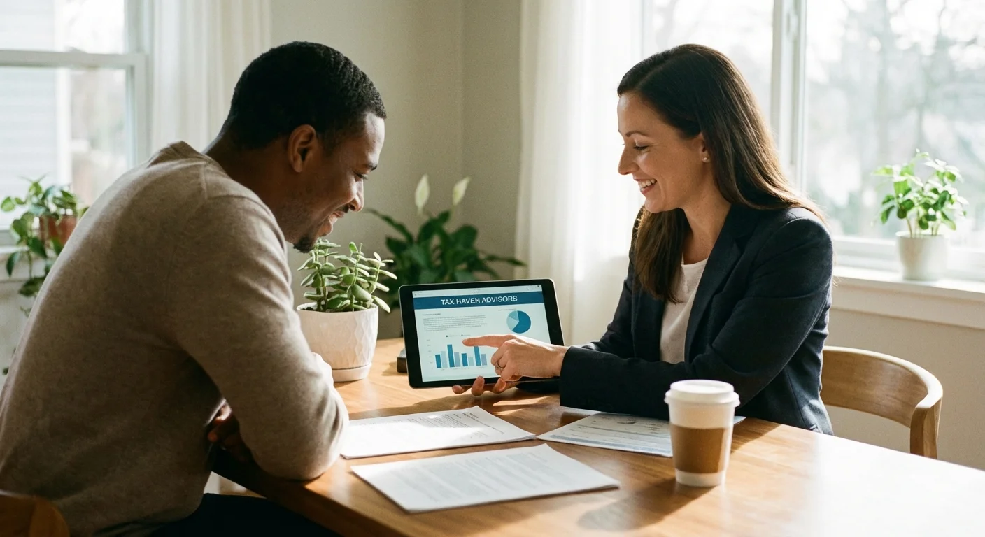 A person discussing finances with a professional advisor over a tablet.