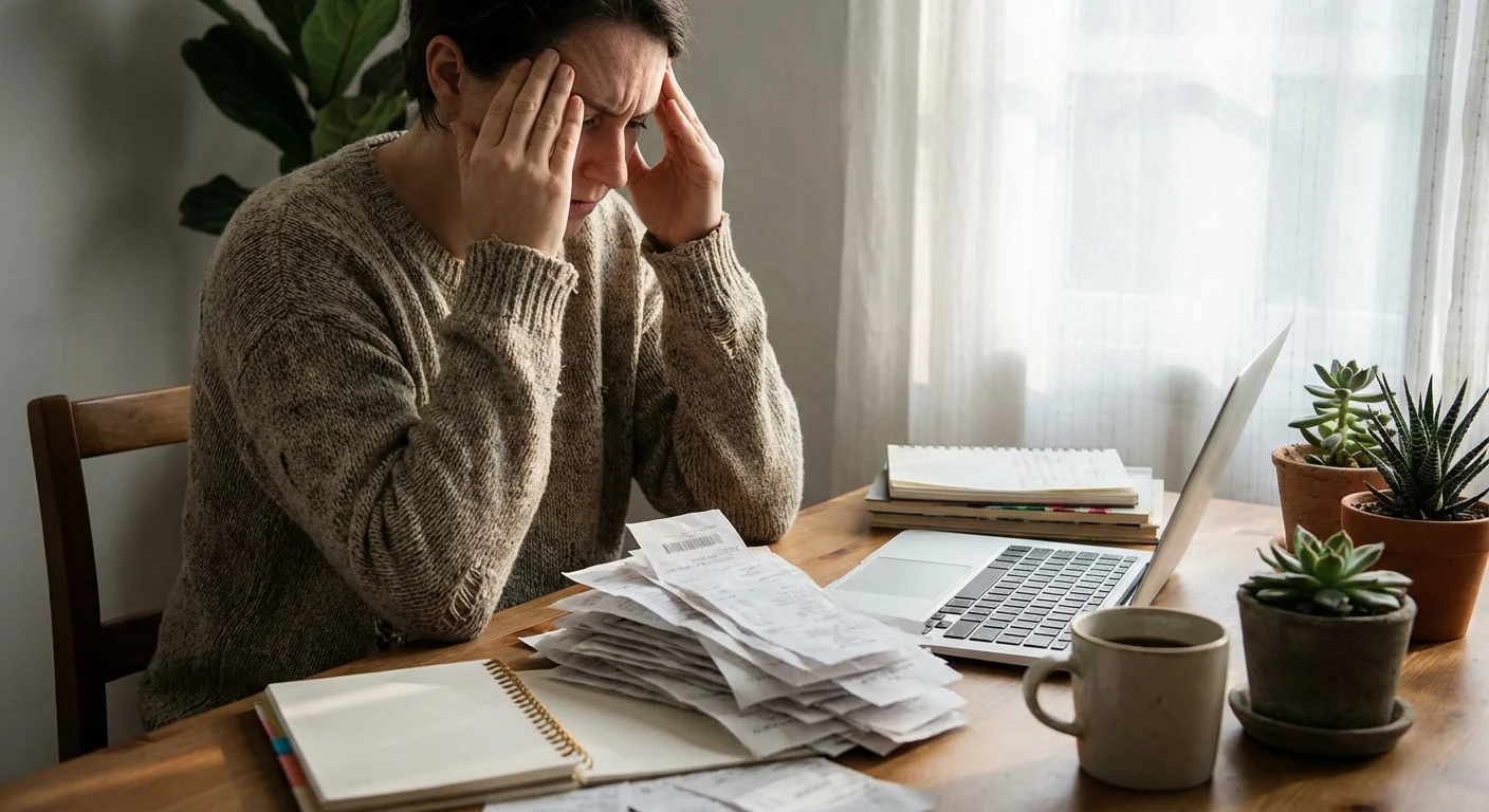 A person focused on organizing a stack of receipts at a desk.