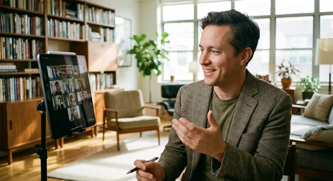 A person having a productive video consultation on a tablet in a home library.