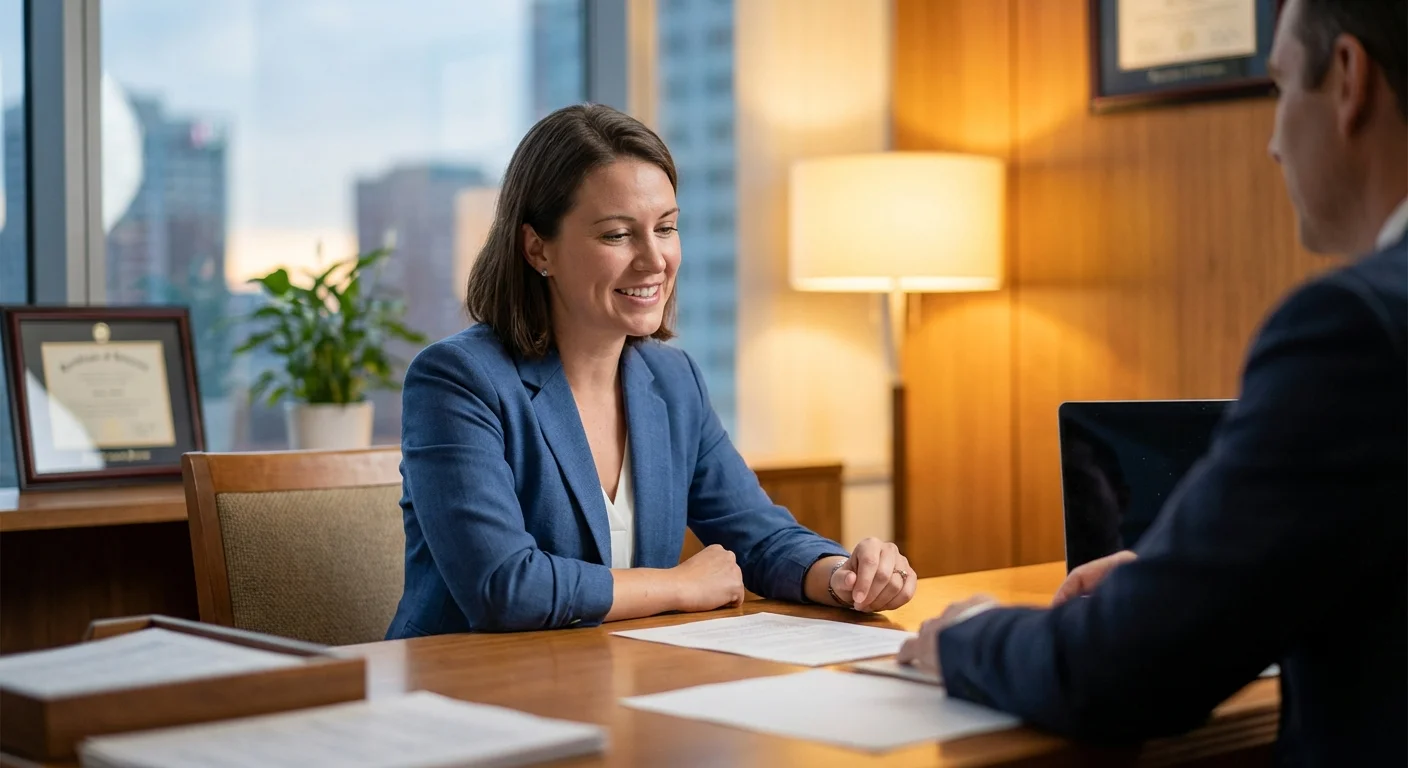 A person having a professional consultation with a financial advisor in a bright, modern office.