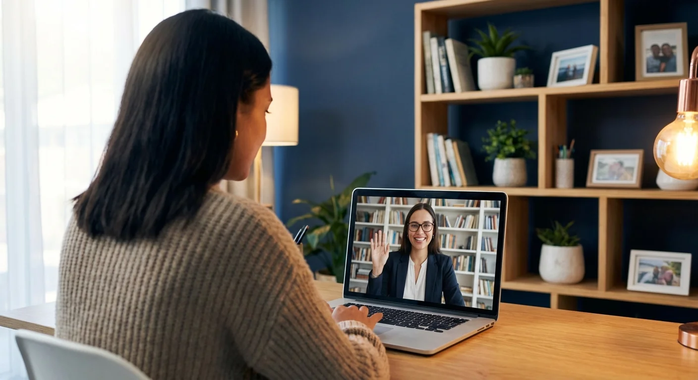 A person having a video call with a financial or insurance professional.
