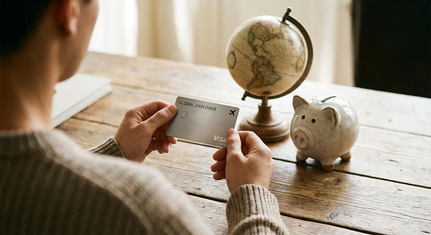 A person holding a credit card with a globe and piggy bank on the table, symbolizing the choice between travel and cash.