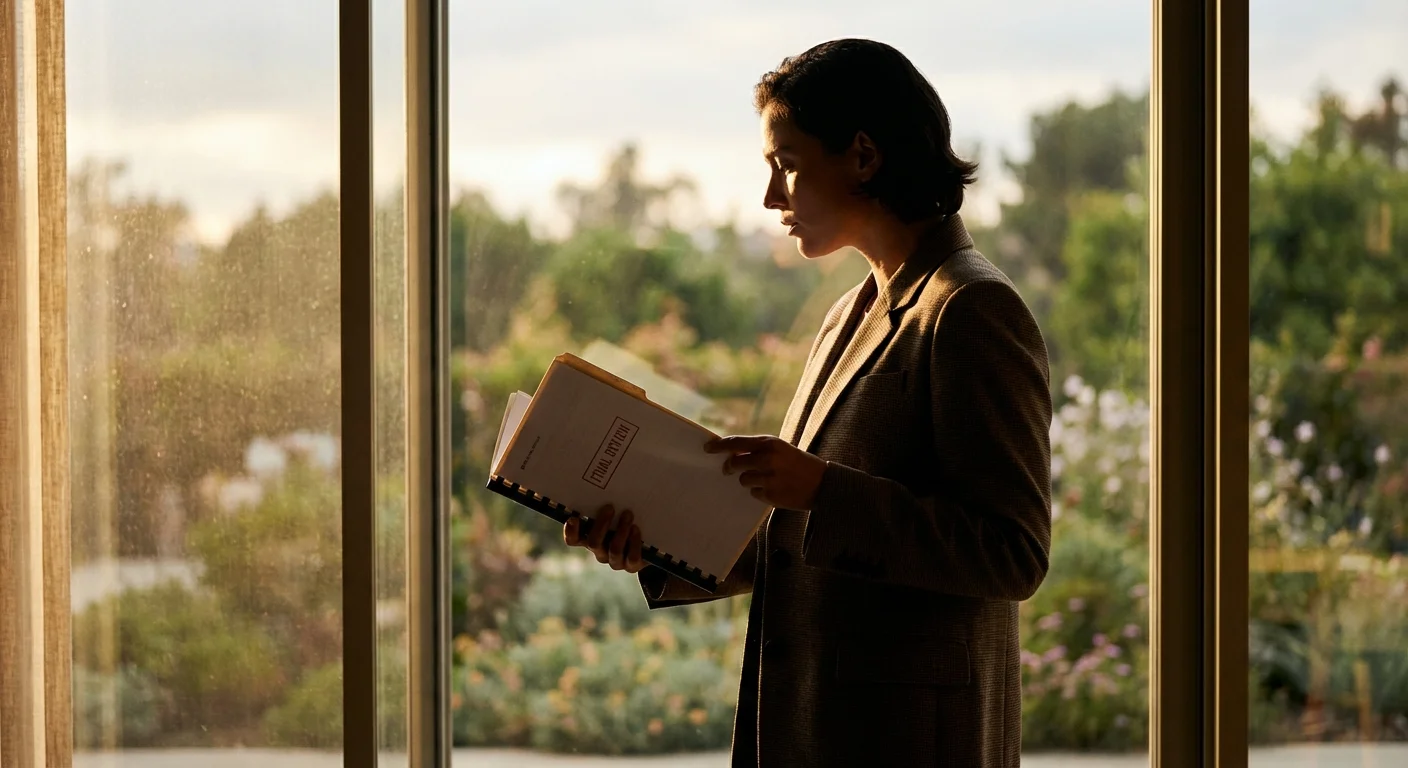 A person holding a document and looking out a bright window with a hopeful expression.