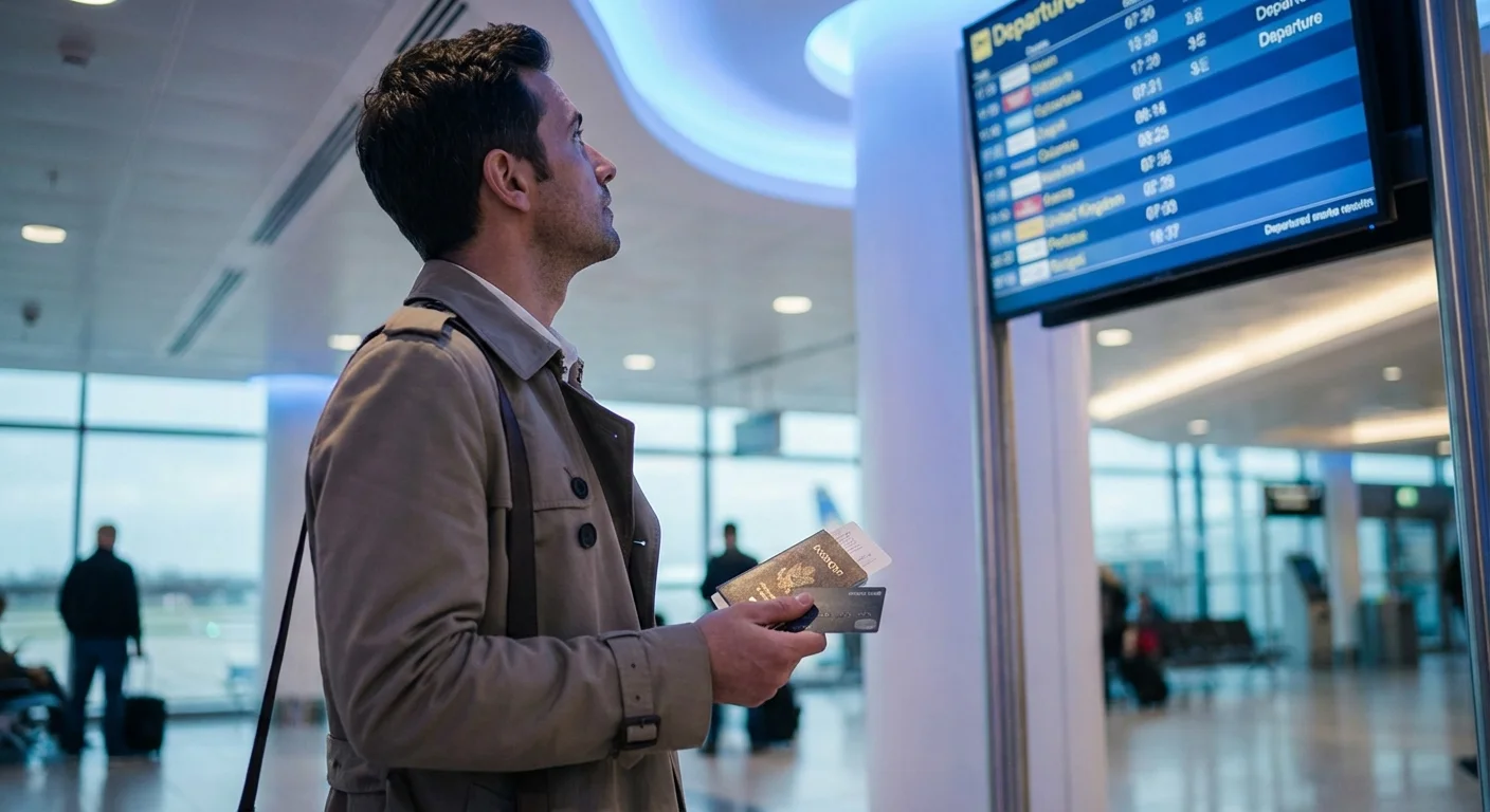 A person holding a passport and a card at a modern airport terminal.