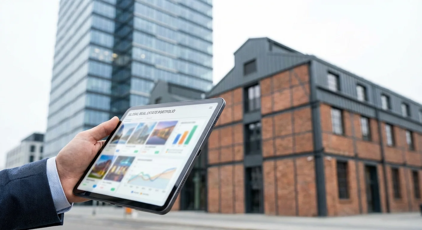 A person holding a tablet with a blurred city skyline and industrial architecture in the background.