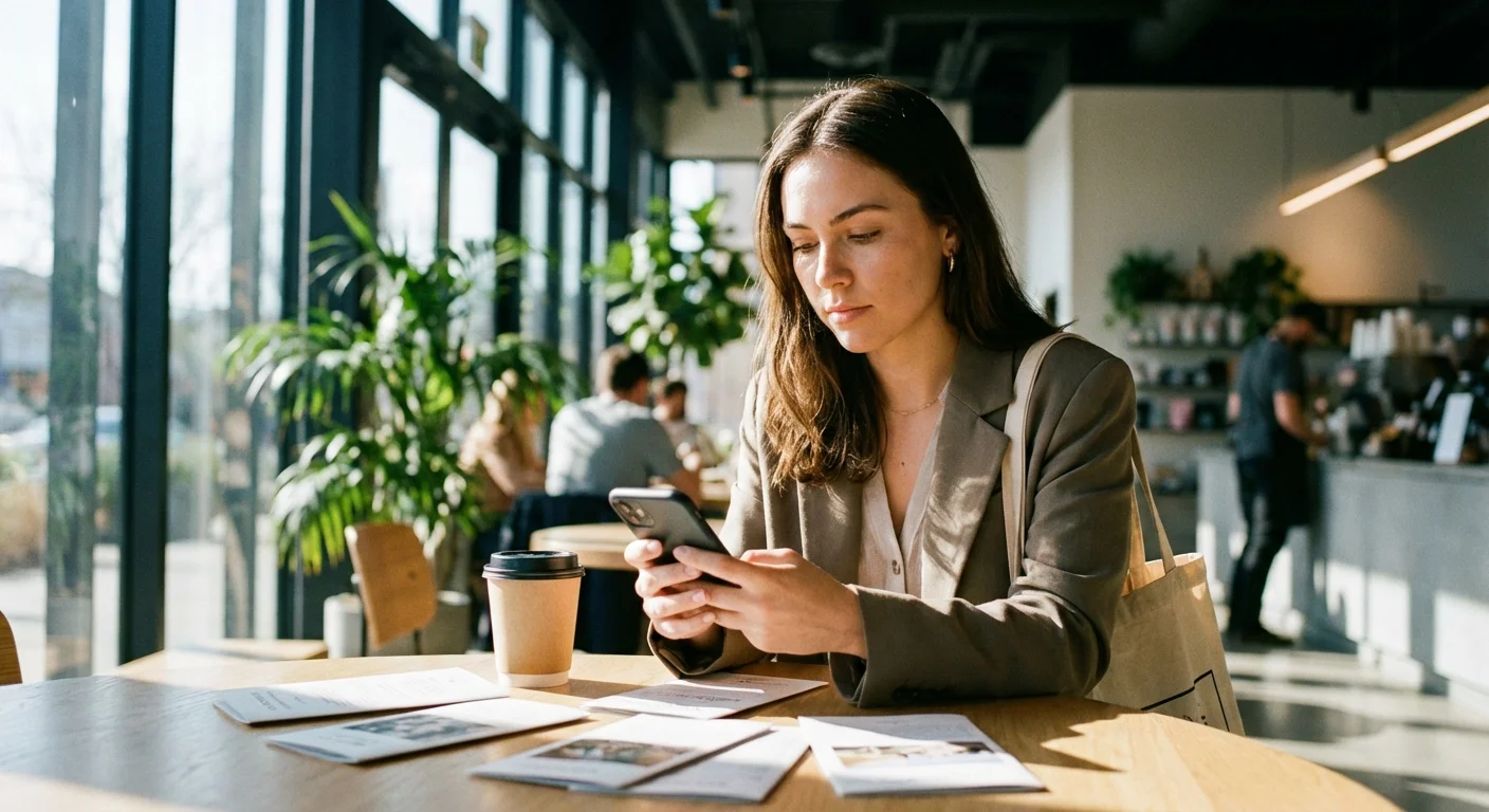 A person in a cafe looking at a phone with documents on the table.