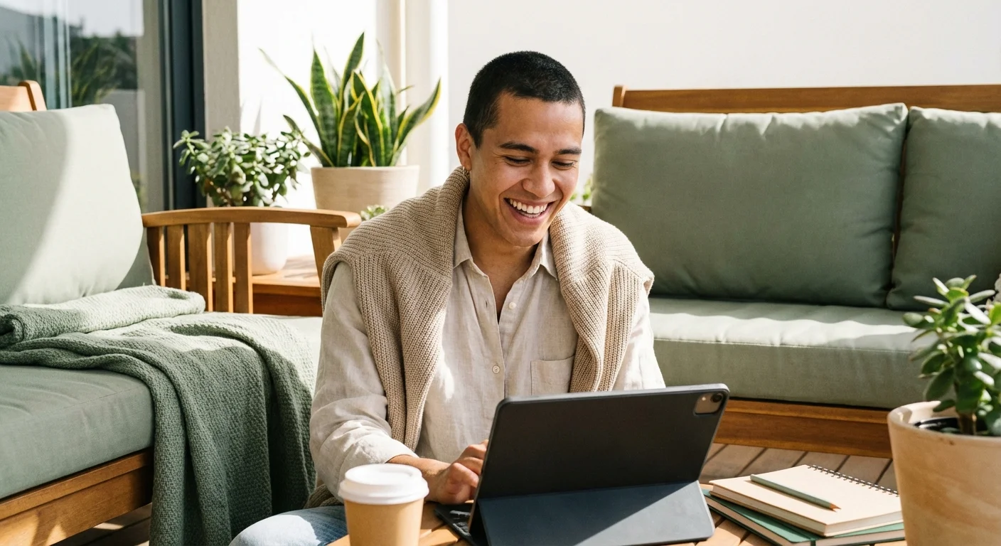 A person in a modern home office looking at a laptop with a focused expression.