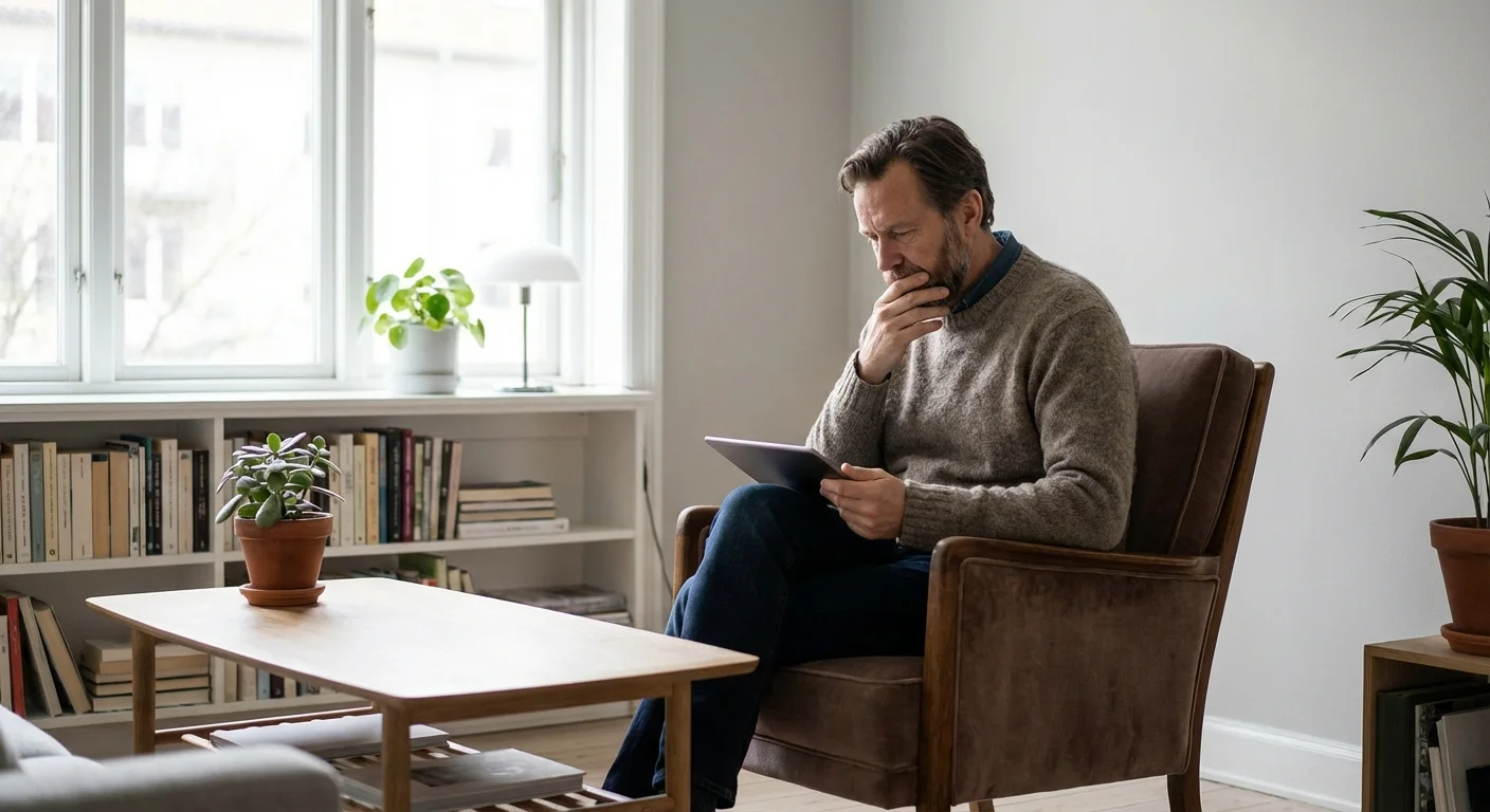 A person in a modern living room looking thoughtfully at a tablet with a focused expression.