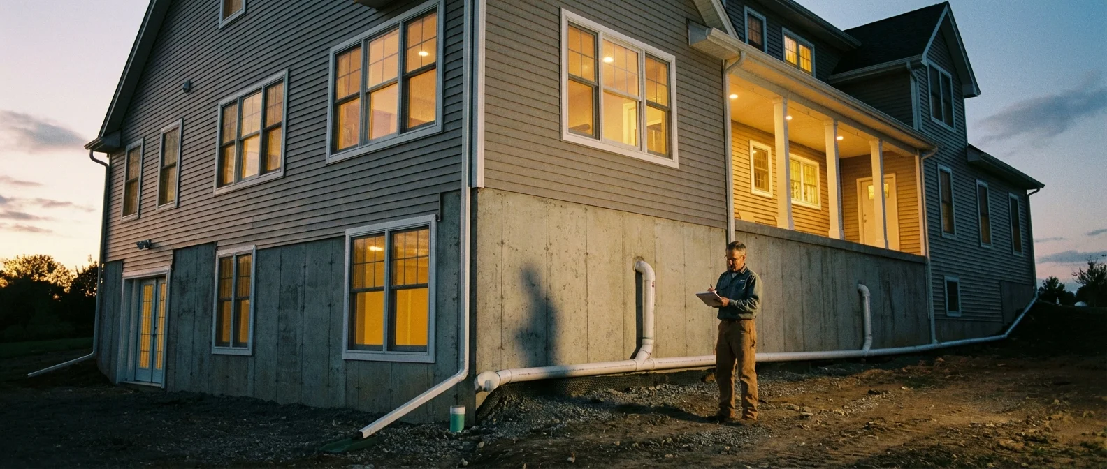 A person inspecting their home's exterior drainage and foundation at dusk.