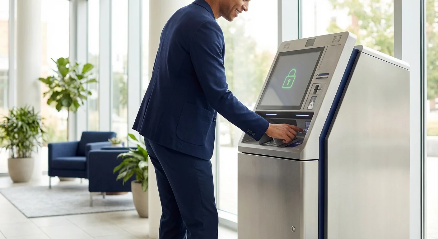 A person interacting with a modern ATM in a bright bank lobby.