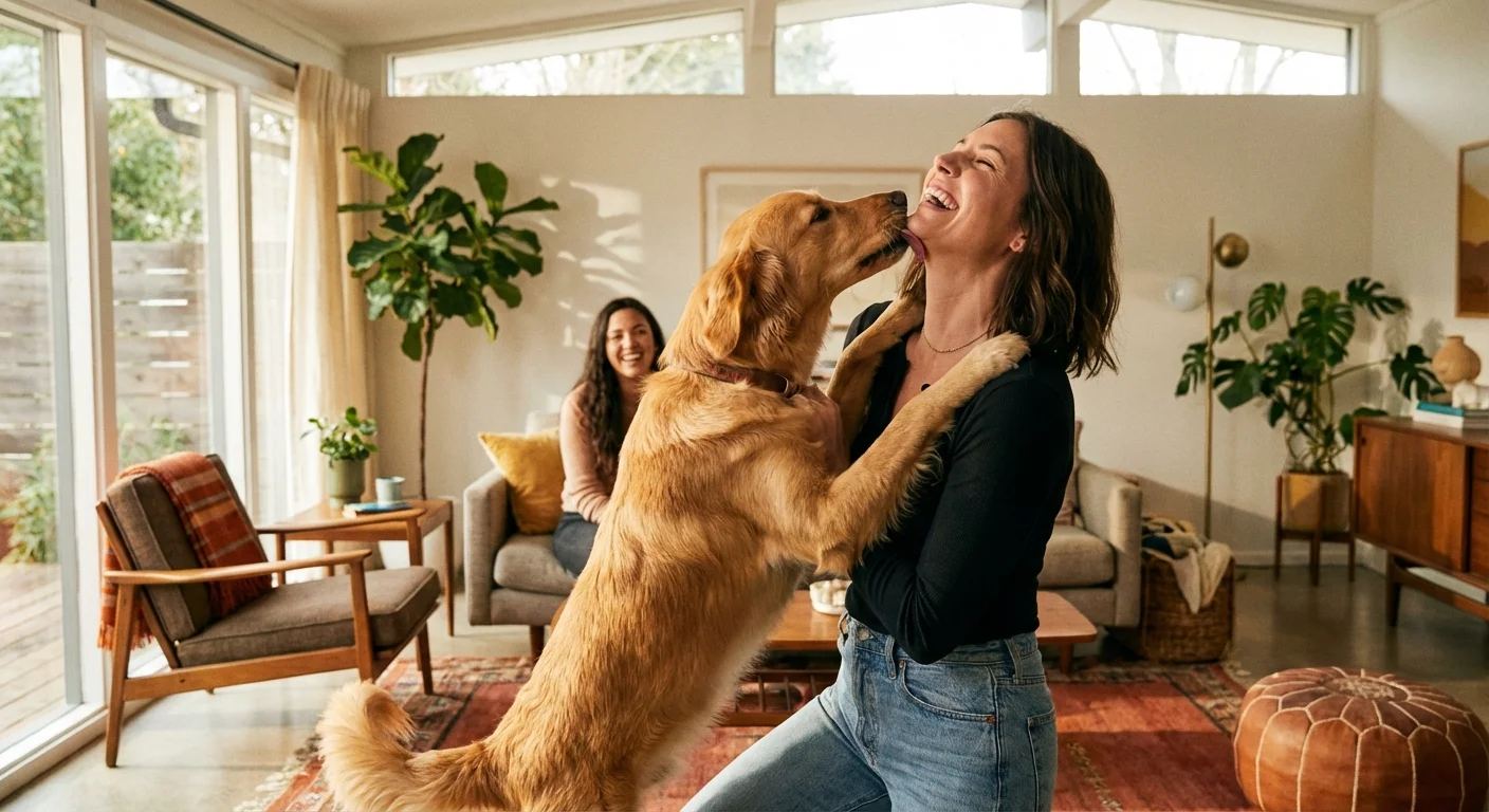 A person laughing while interacting with a dog in a sunlit apartment.