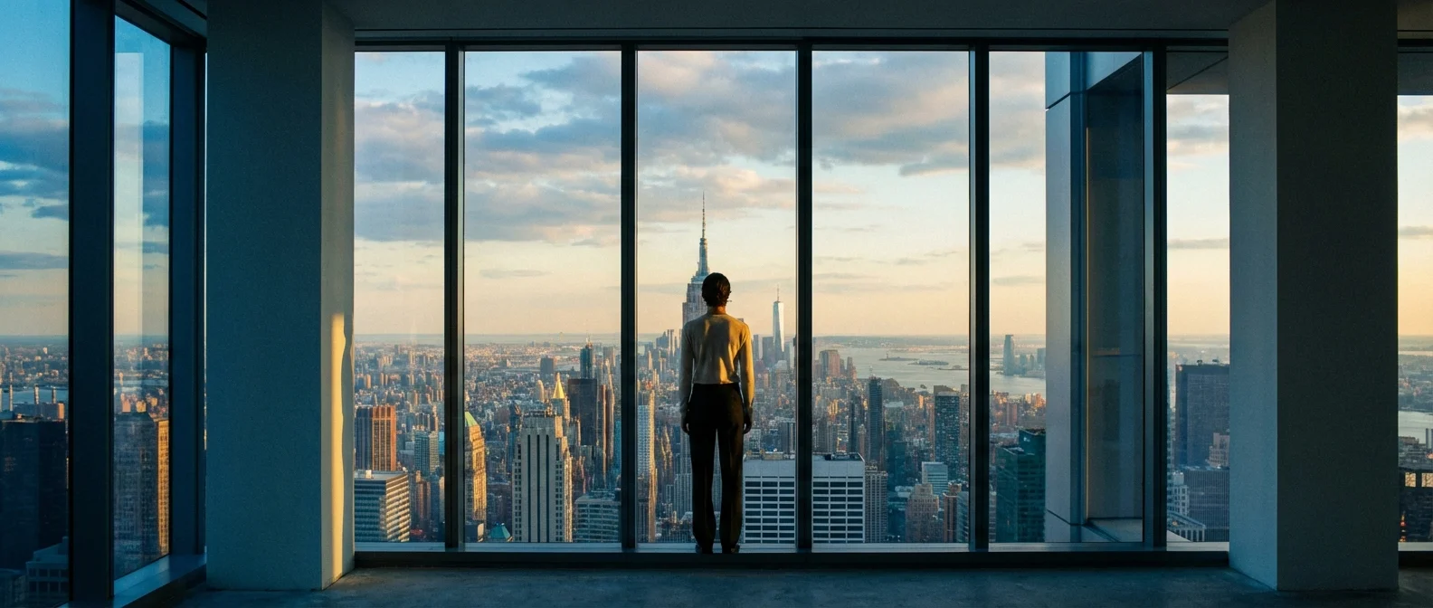 A person looking at a city skyline from a high-rise window, representing the big picture.