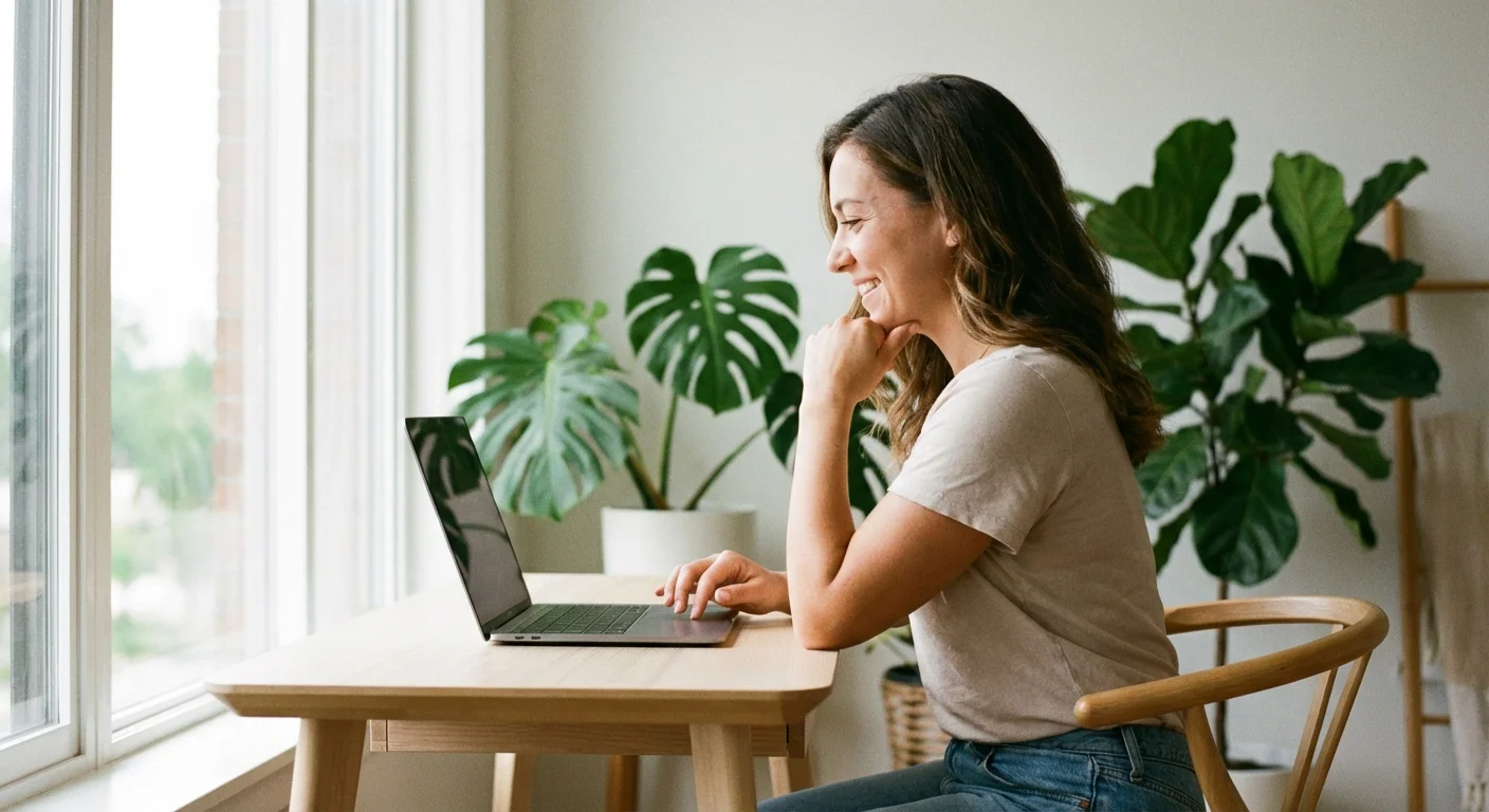 A person looking at a laptop screen in a bright, airy room.