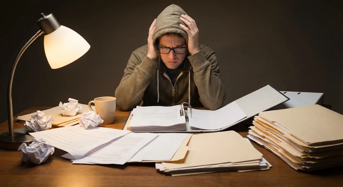 A person looking at a messy desk, representing common mistakes in the process.