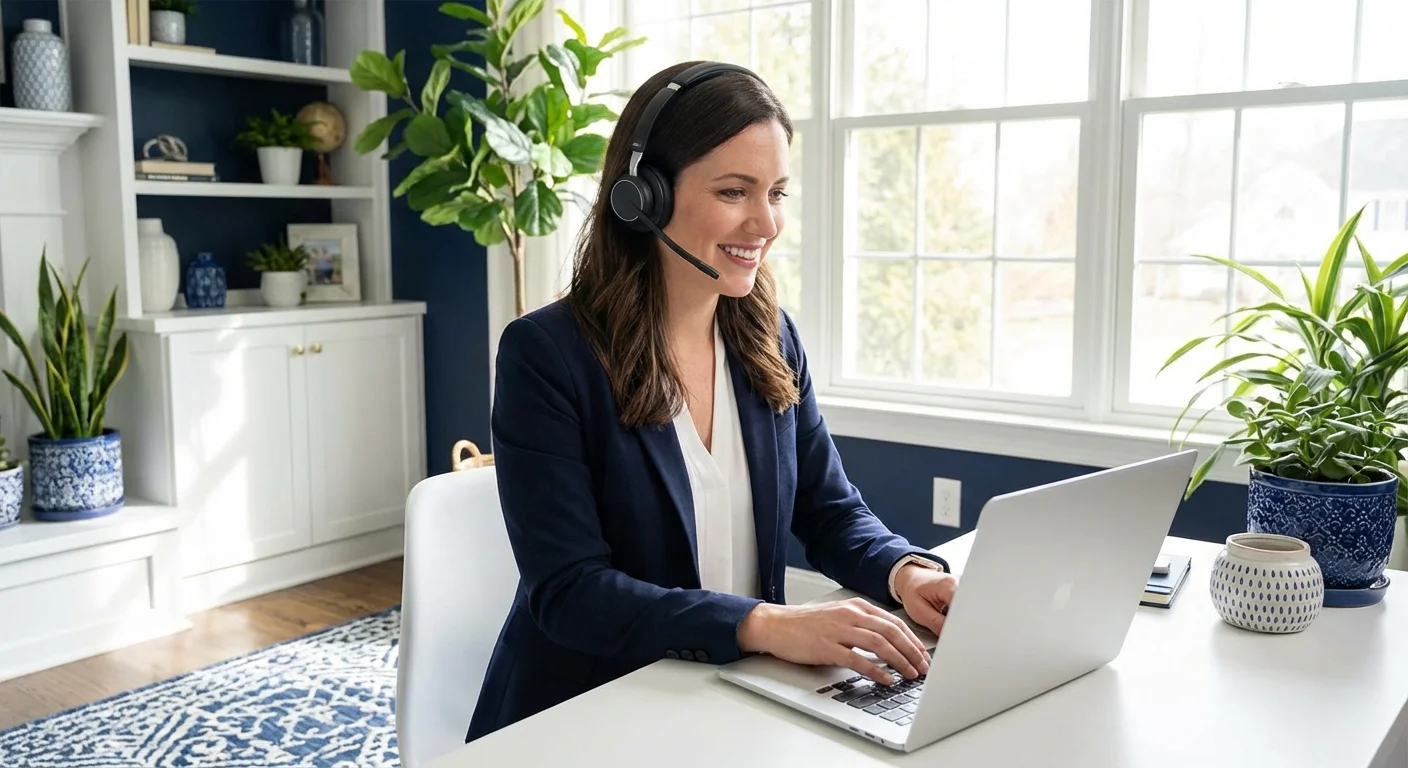 A person looking happy and confident while using a tablet in a bright room.
