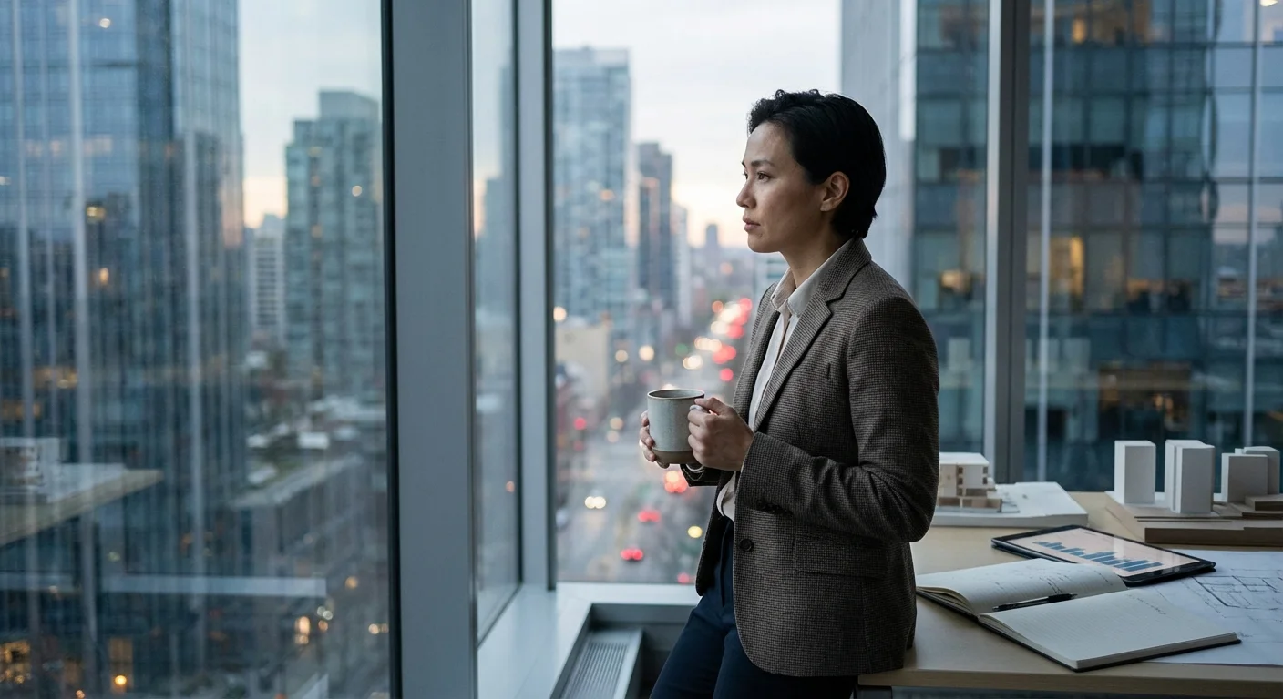 A person looking out a window at a city skyline, holding a mug and reflecting.