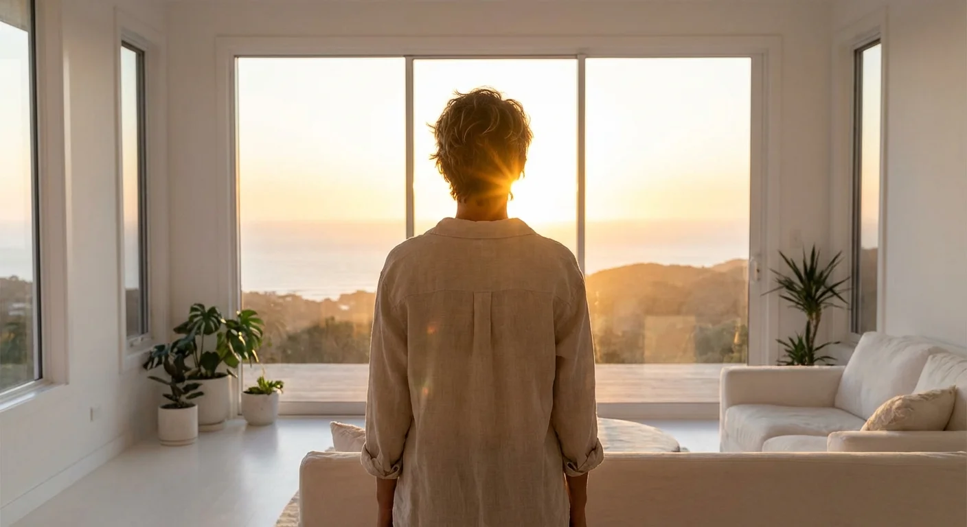 A person looking out a window into the light, representing peace of mind and clarity.