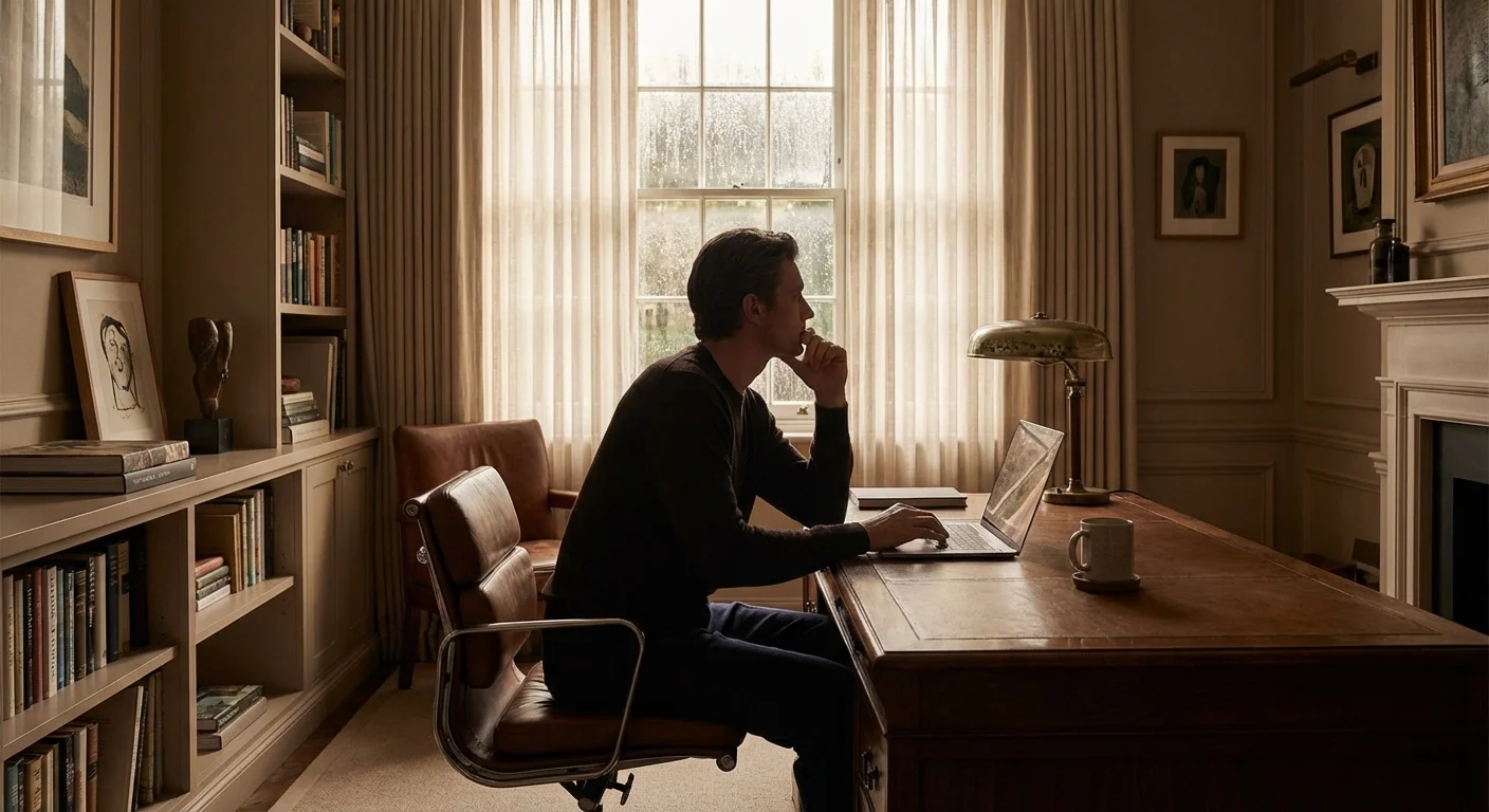 A person looking out a window thoughtfully in a home office.