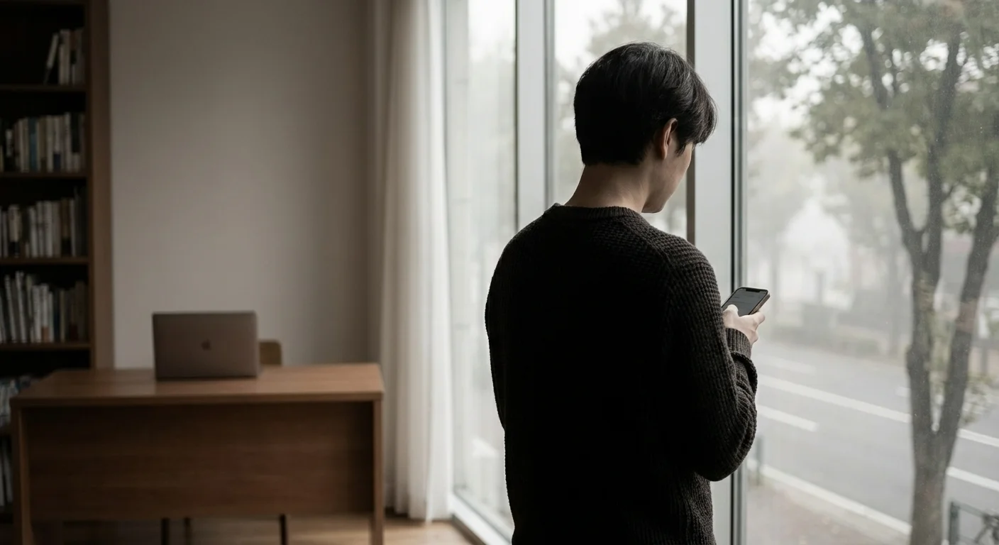 A person looking out a window thoughtfully, representing the discipline of saving.