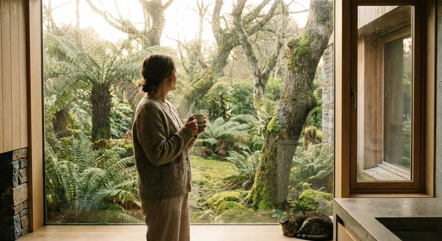 A person looking out a window thoughtfully while holding a mug.